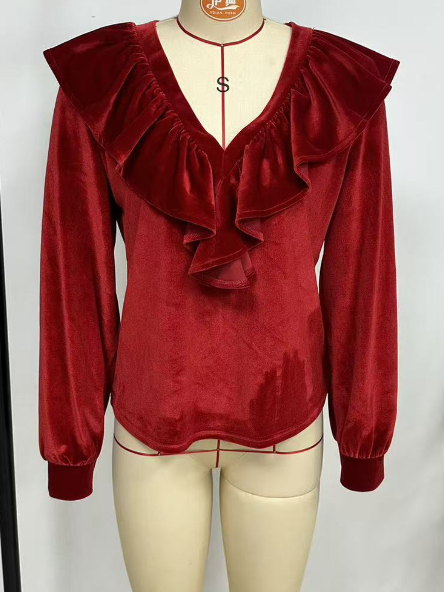 Velvet Ruffle V-Neck Blouse