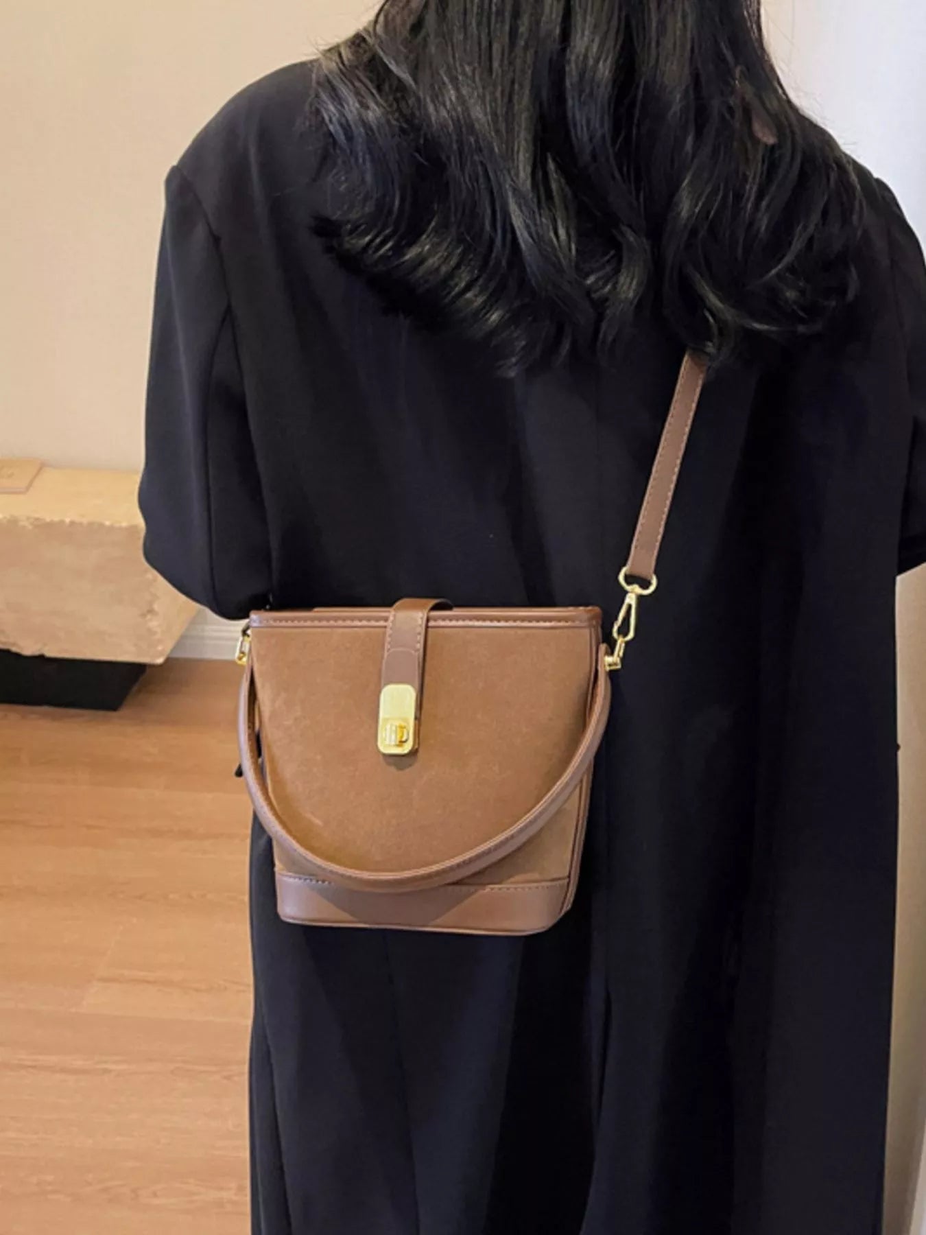 Gold Clasp Bucket Crossbody Bag