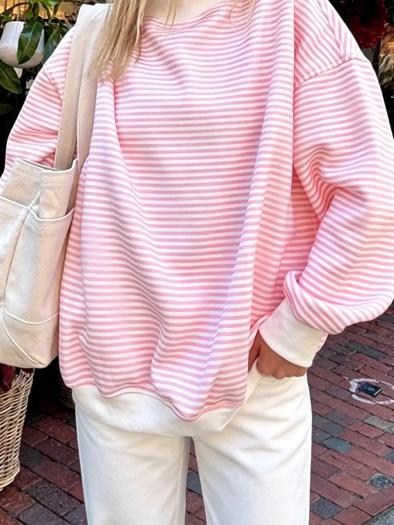 Oversized Striped Crew Neck Sweatshirt