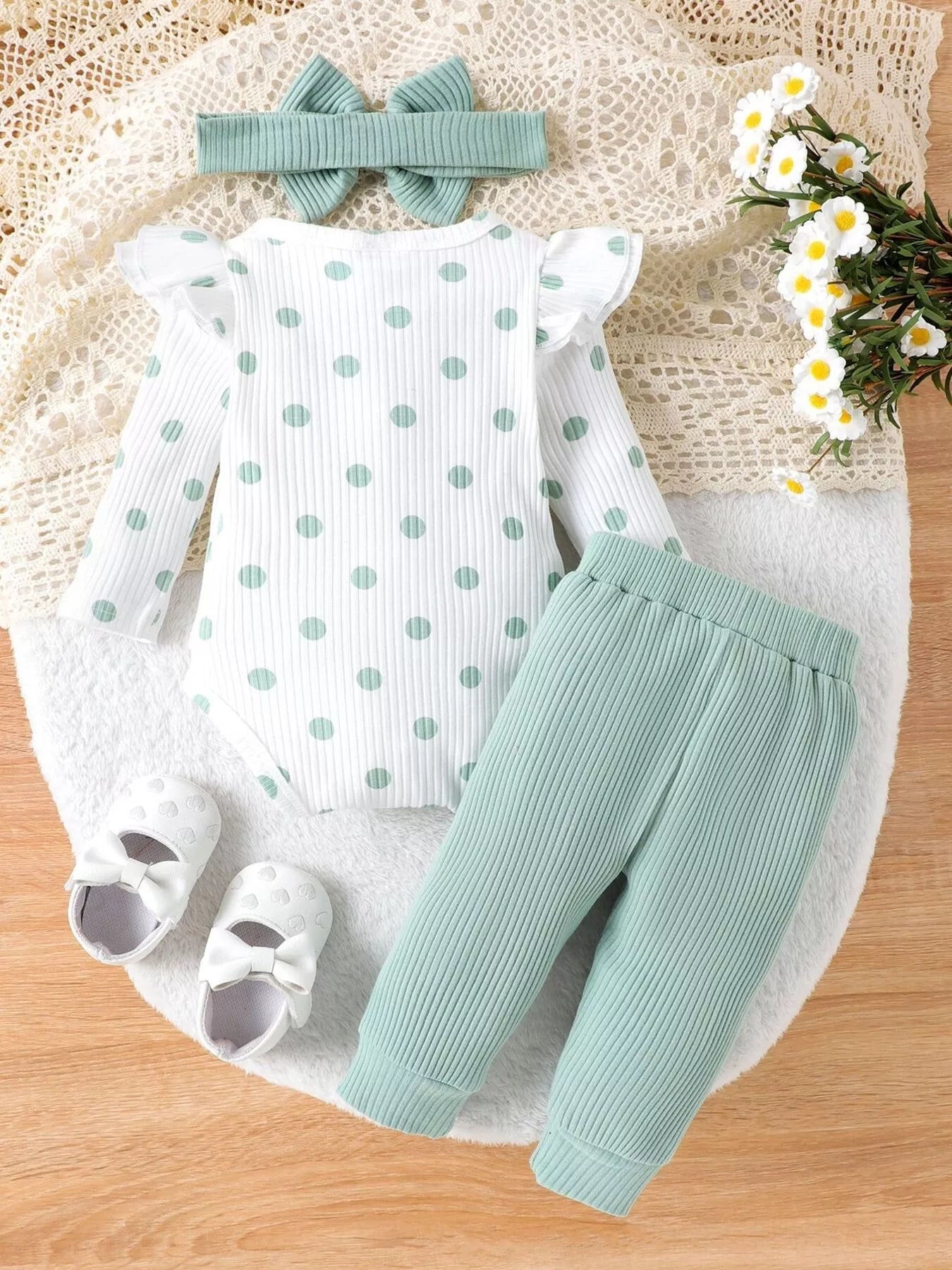 Children's Ruffled Polka Dot Bodysuit and Pants Set with Headband