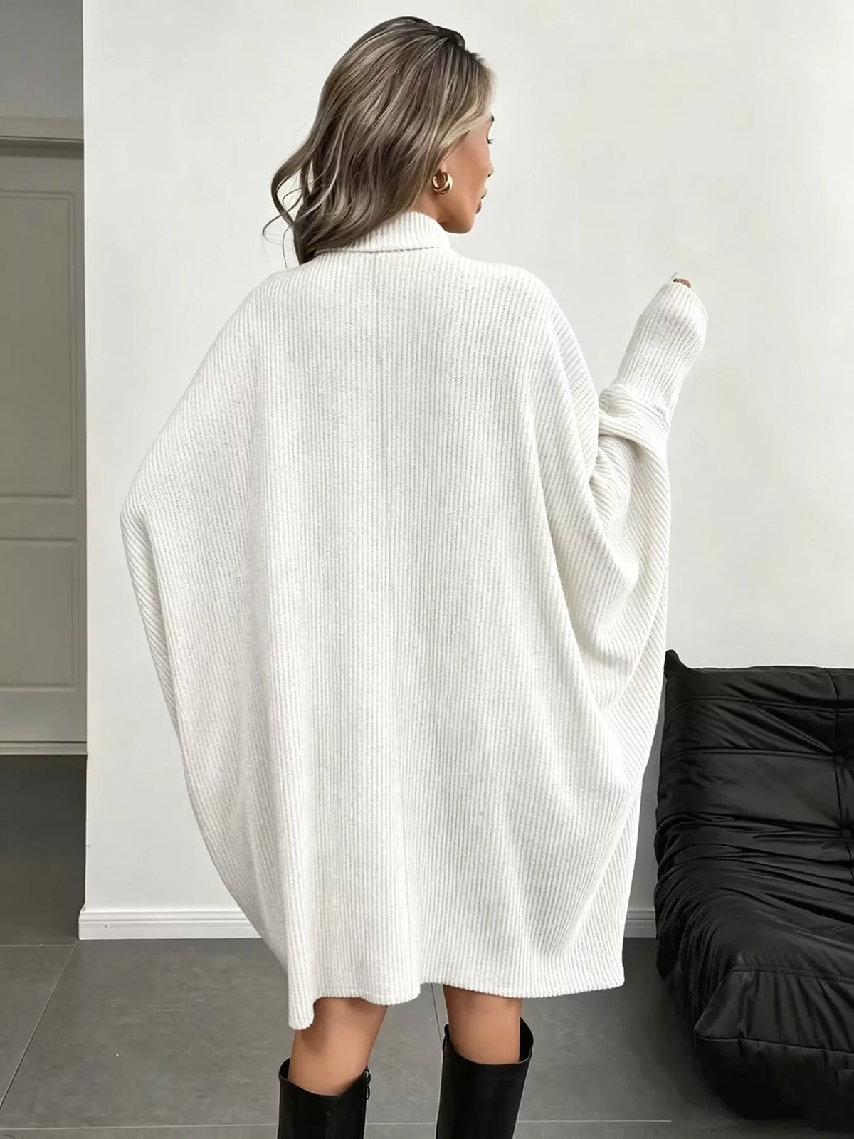 Oversized Batwing Sleeve Ribbed Knit Turtleneck Dress