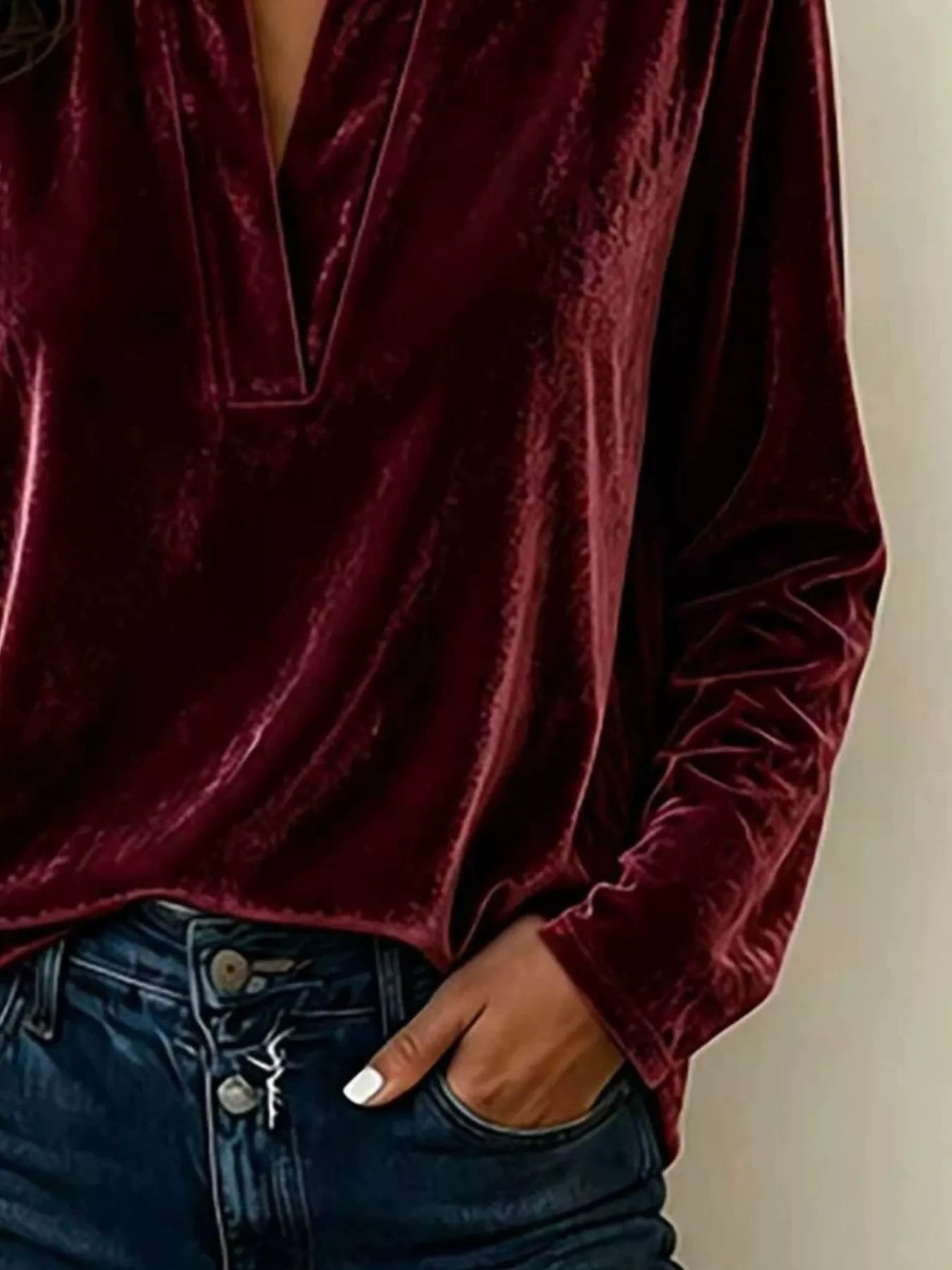 Full Size Velvet Notched Long Sleeve Blouse Plus Size