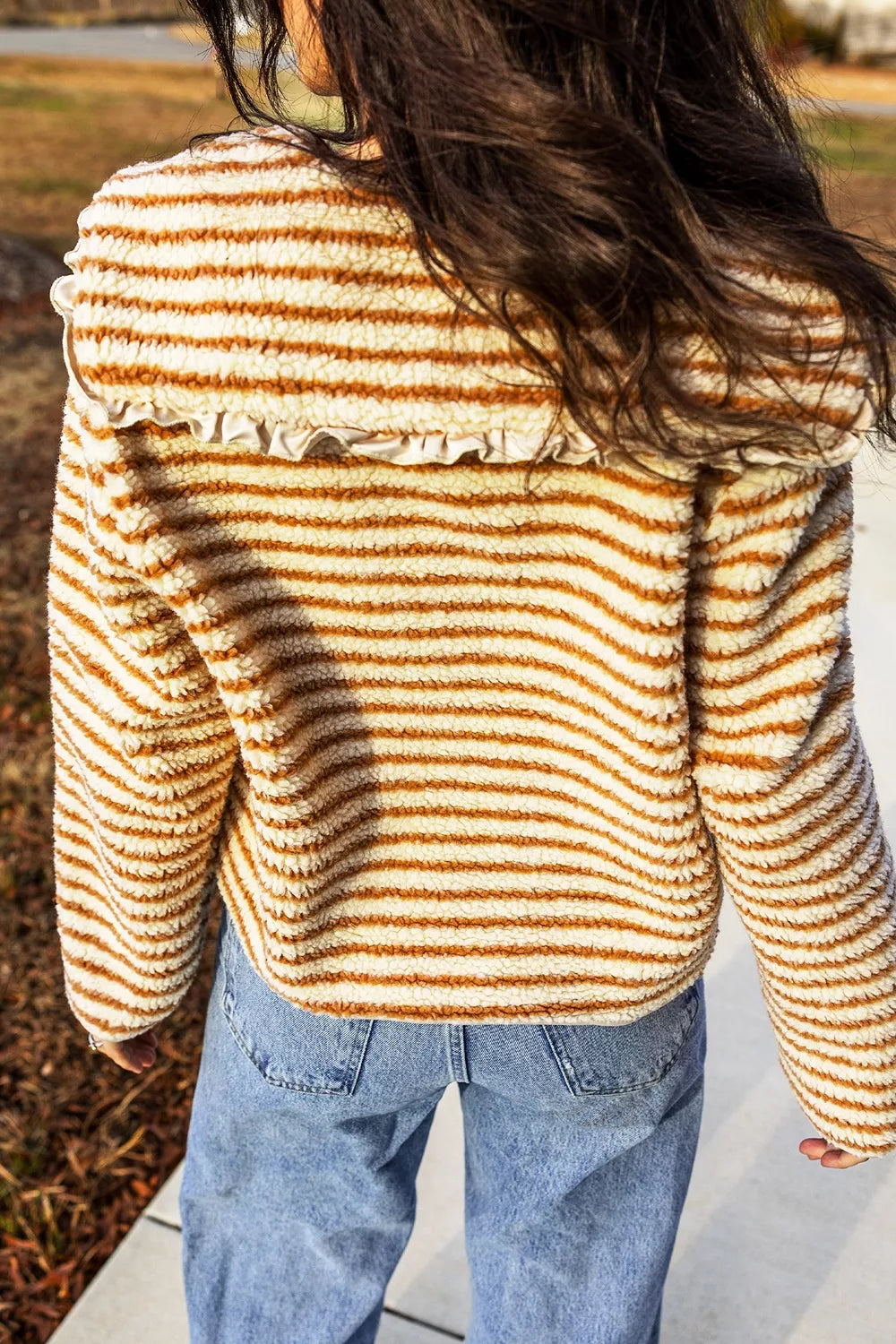 Striped Fleece Button Front Long Sleeve Regular Fit Jacket