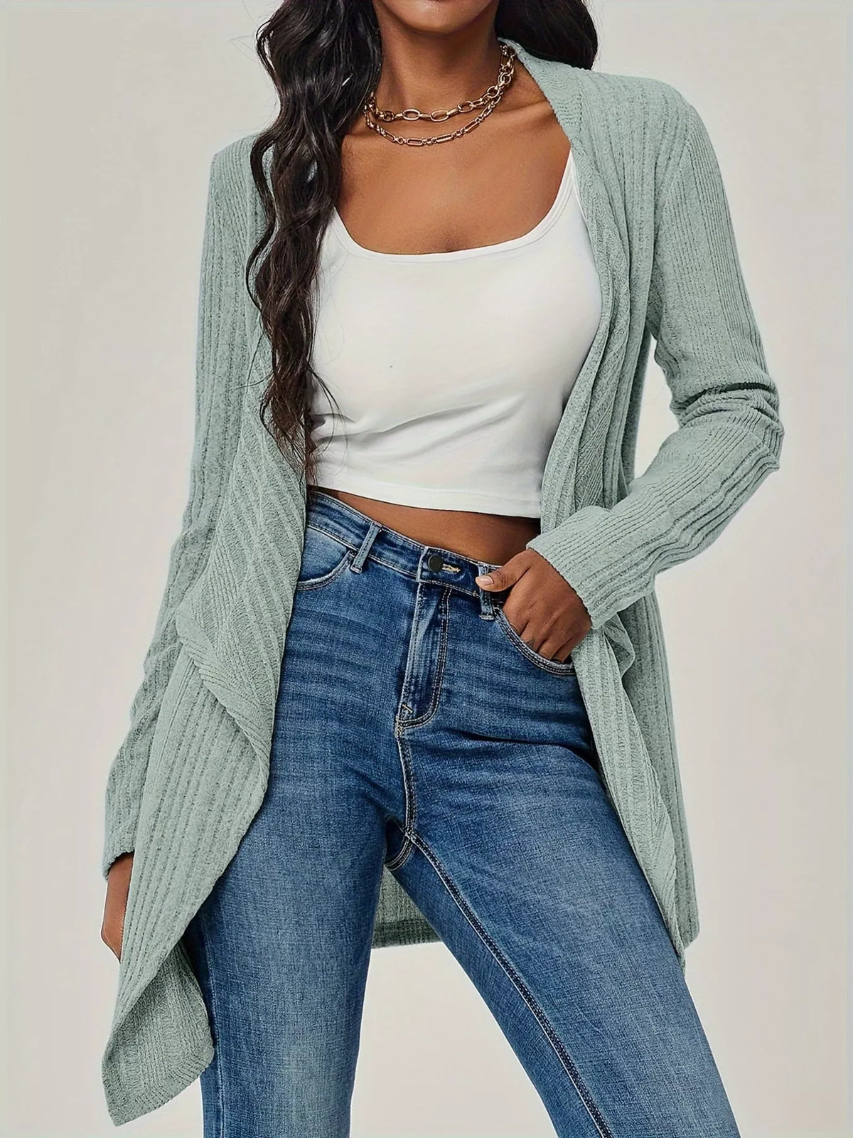 Ribbed Knit Open Front Cardigan