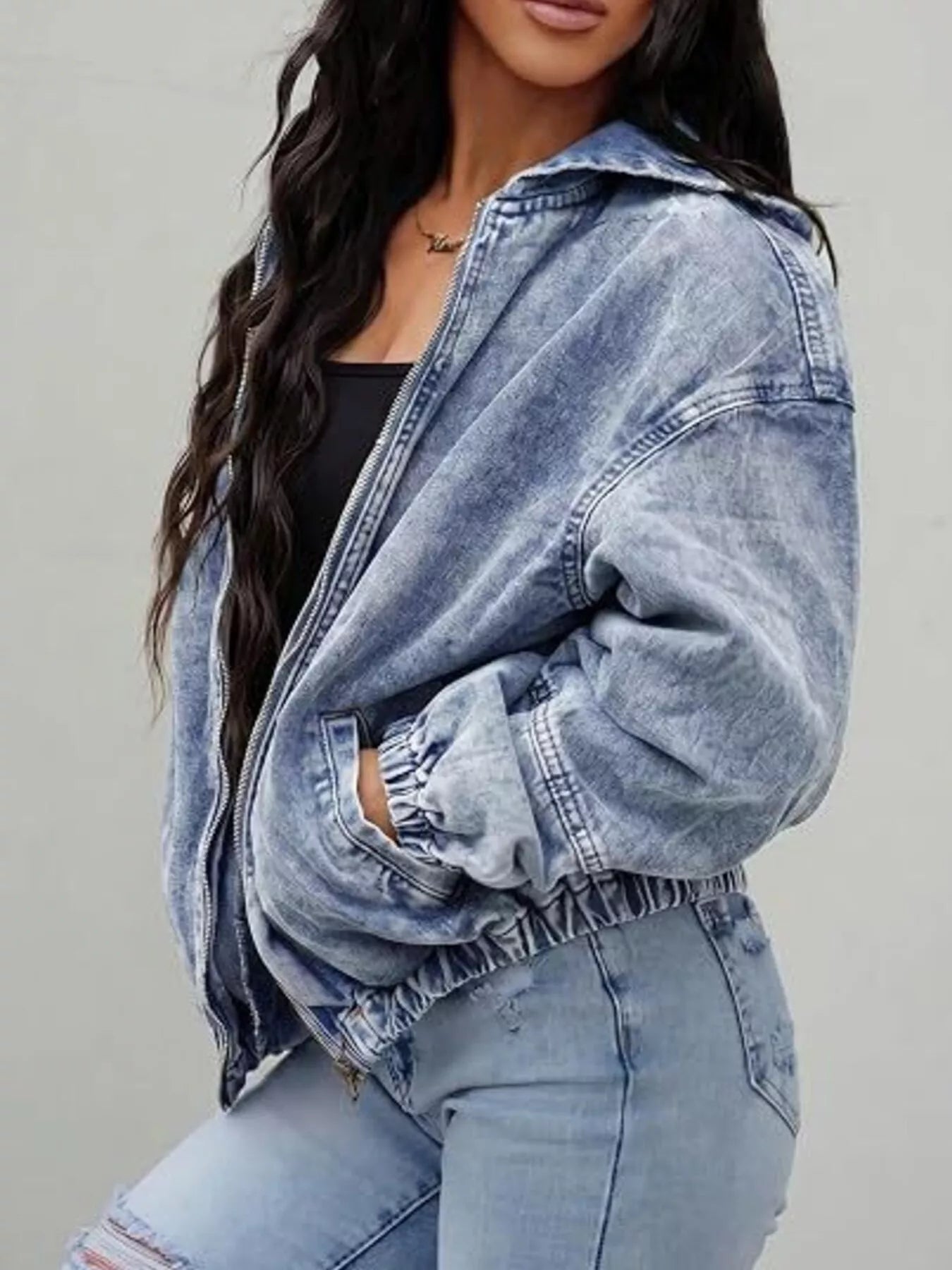 Vintage Washed Zip Up Hooded Denim Jacket