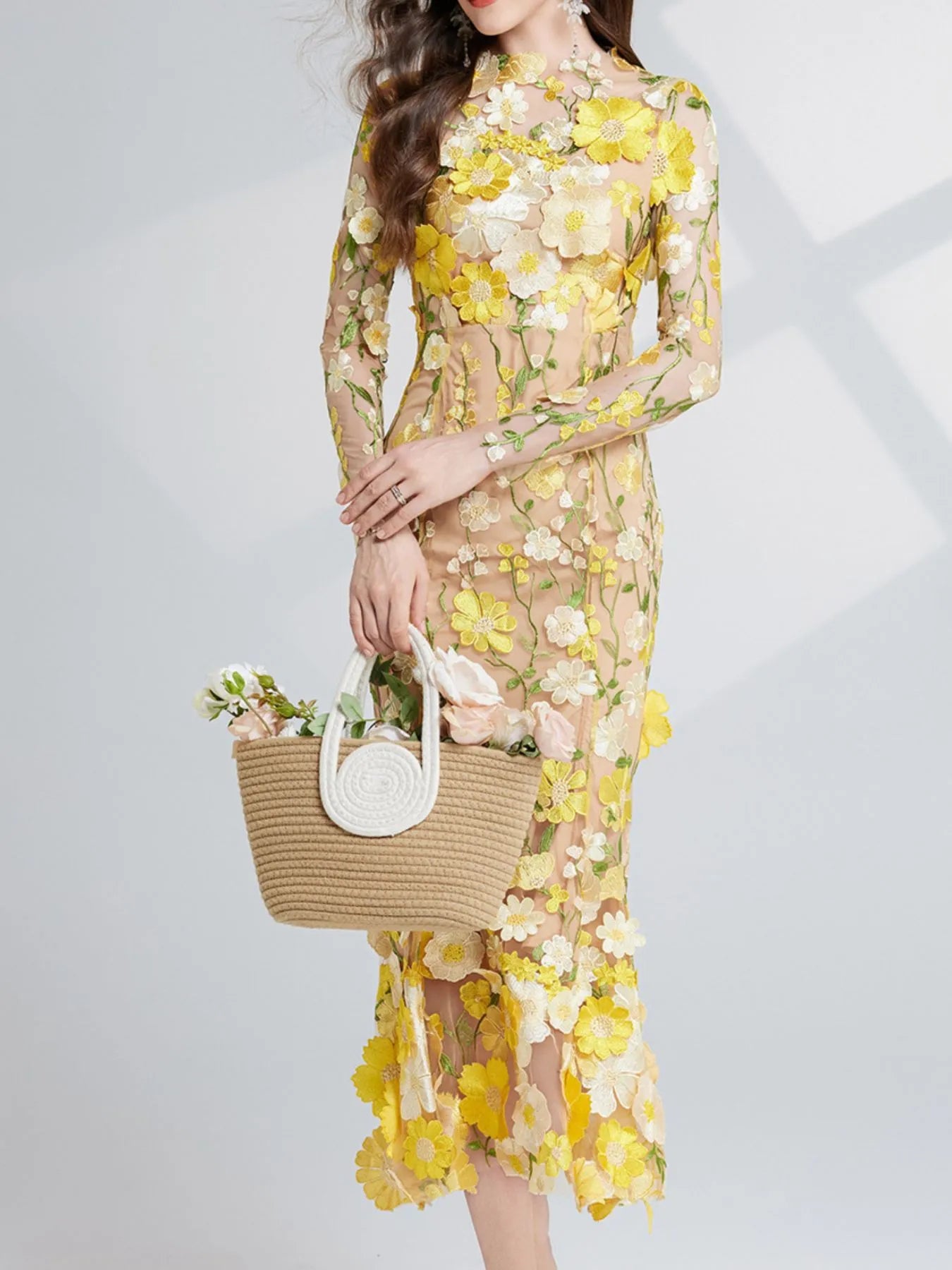 Floral Embroidered Mesh Long Sleeve Midi Dress