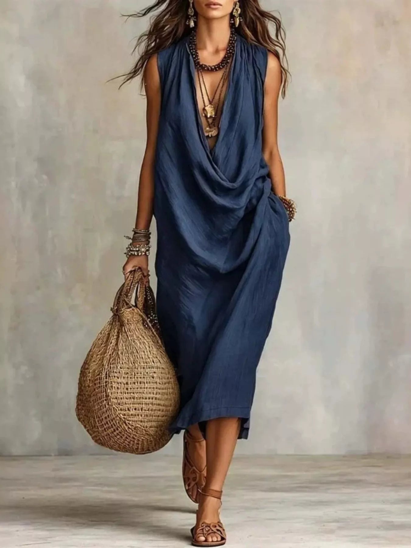Full Size Cowl Neck Sleeveless Midi Dress Plus Size