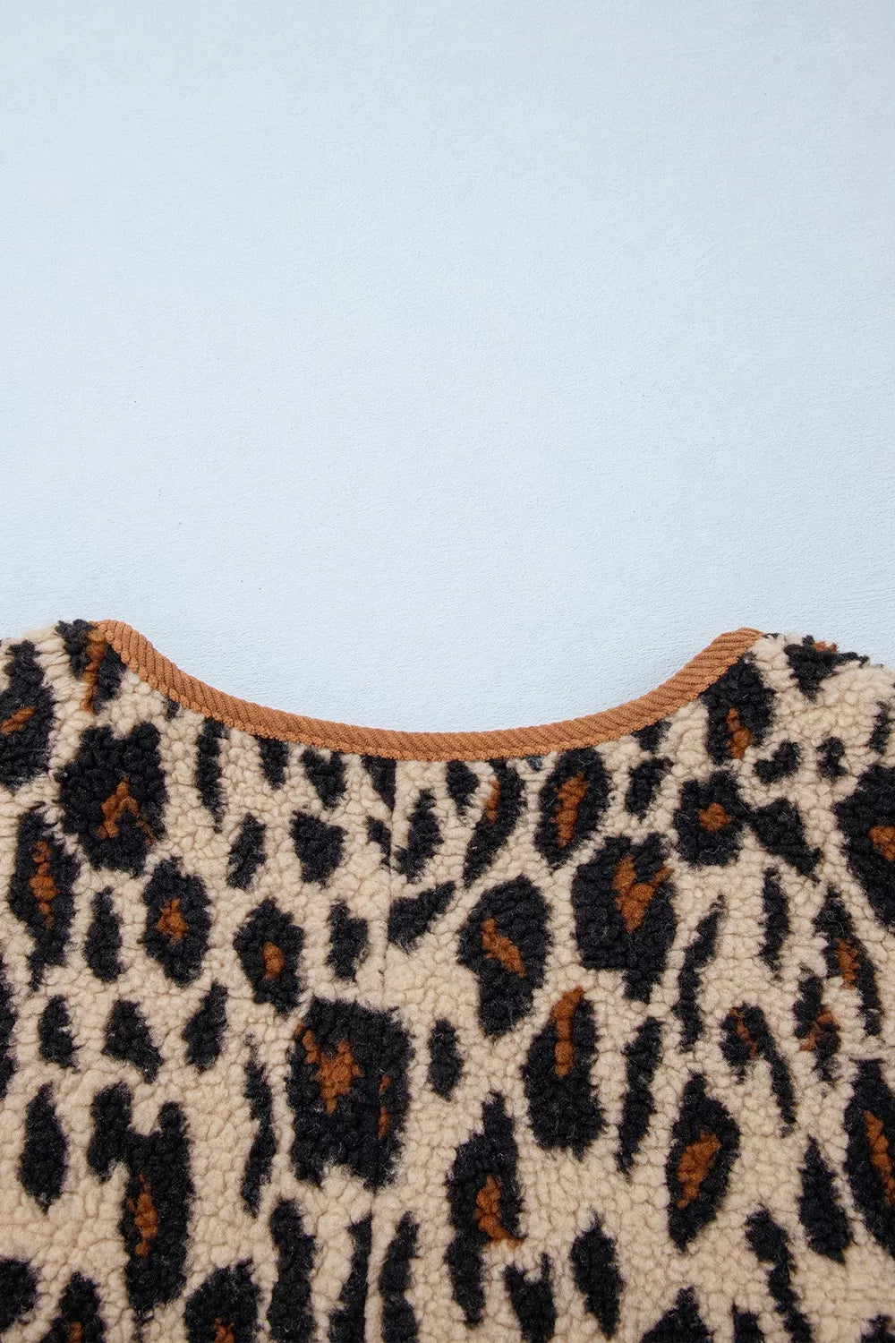 Leopard Plush Corduroy Trim Long Sleeve Jacket