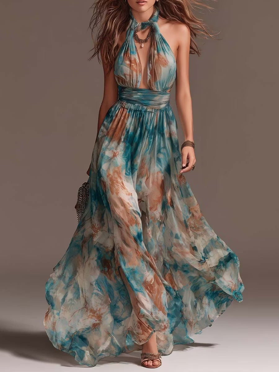 Halterneck Backless Floral Print Long Dress – A-Line Maxi