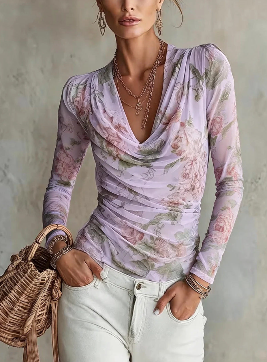 Floral Mesh Cowl Neck Ruched Long Sleeve Top