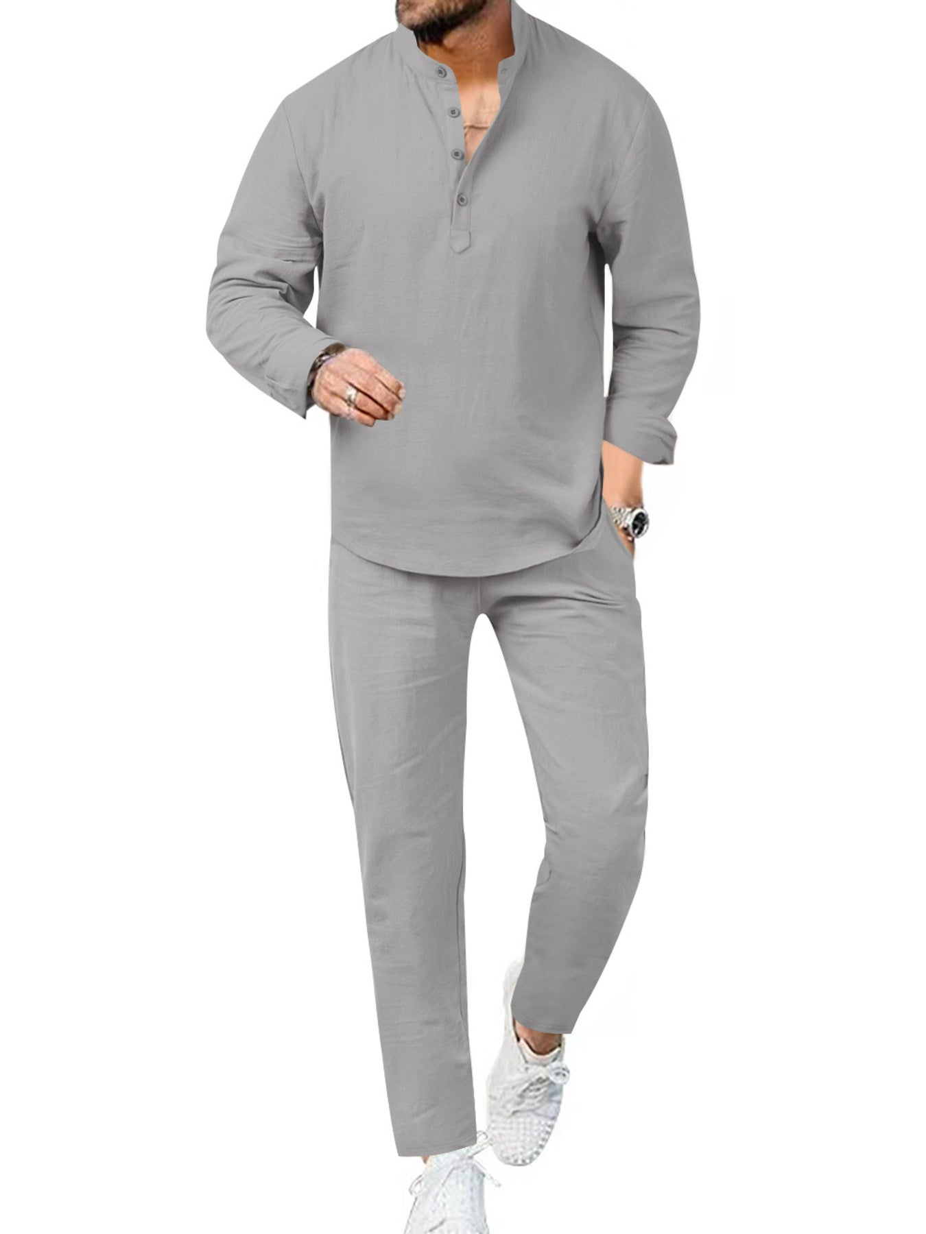 Men's Full Size Casual Long Sleeve Shirt and Pants Set Plus Size