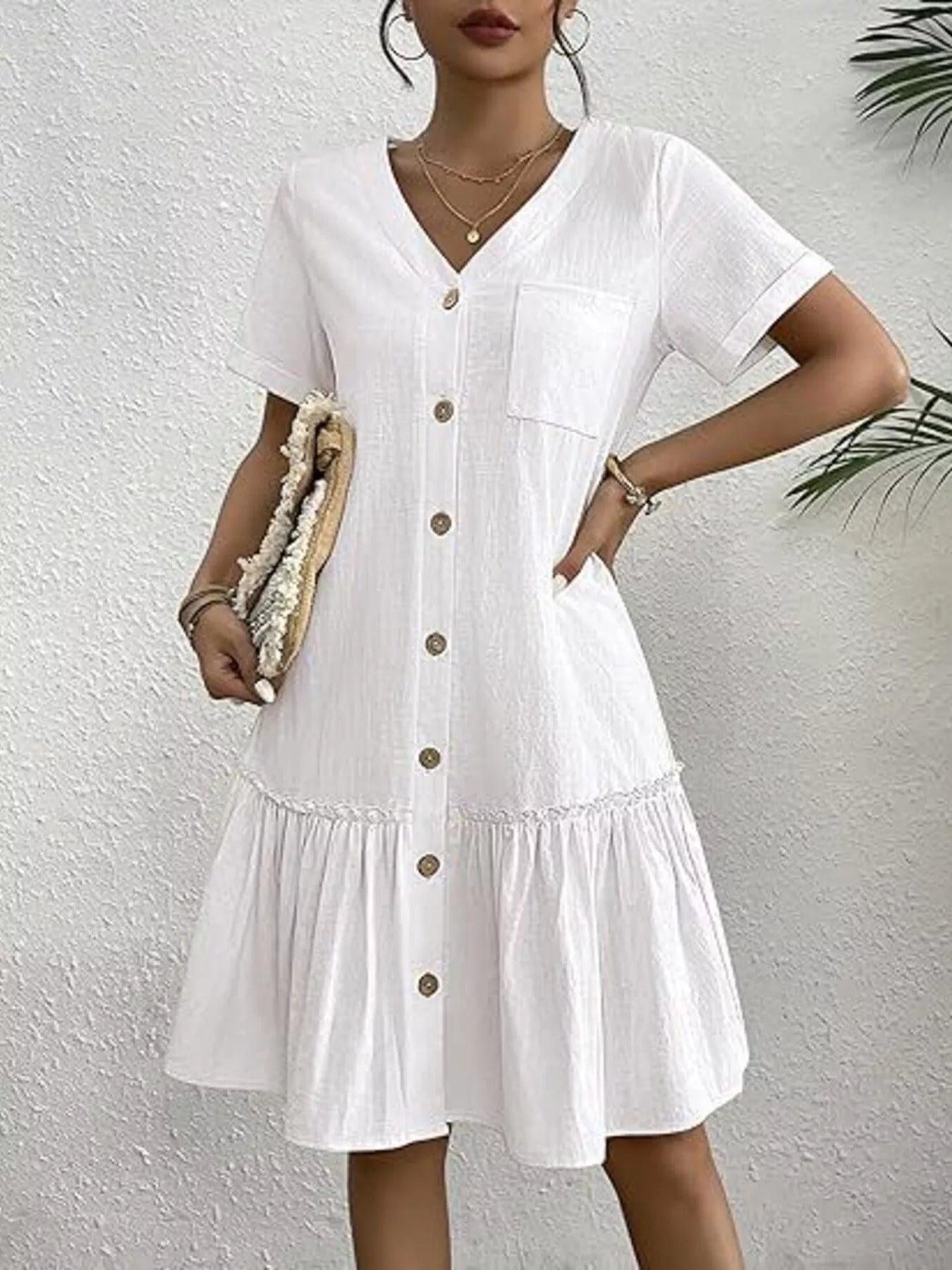 Full Size Button-Down Ruffle Hem Mini Dress Plus Size