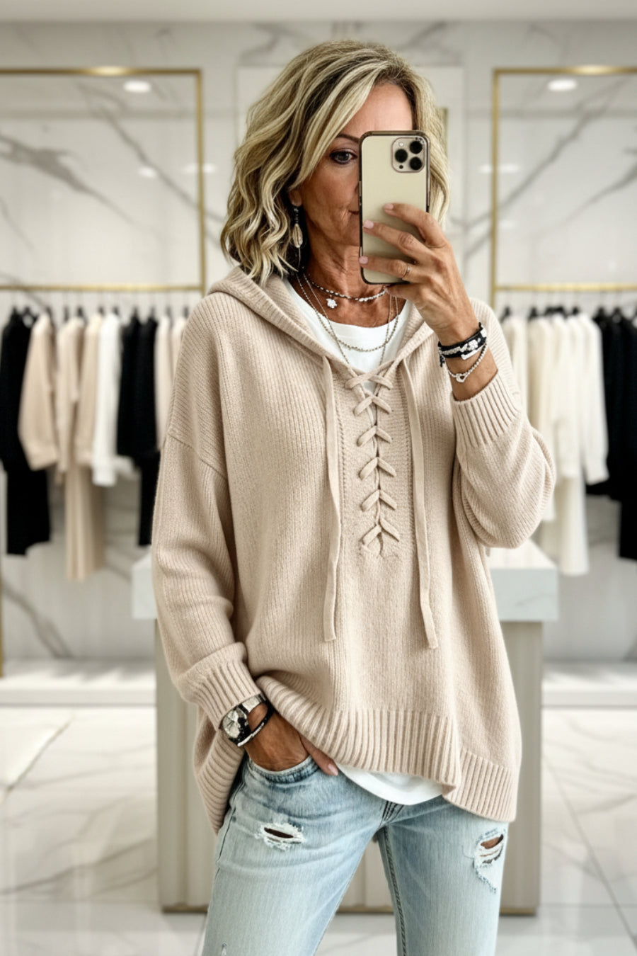 Lace-Up V-Neck Hooded Knit Sweater | Drop Shoulder Oversized Pullover
