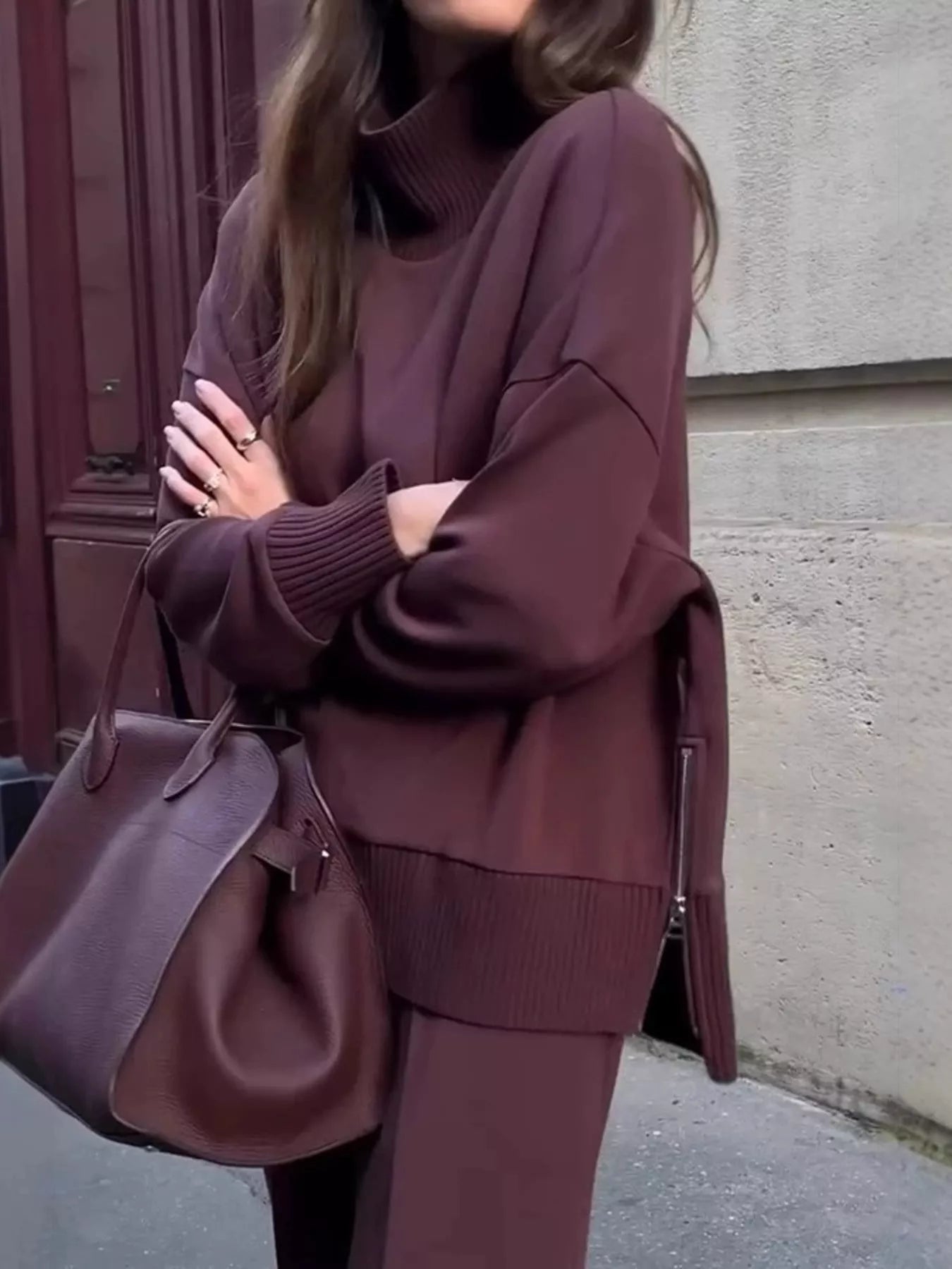 Turtleneck Dropped Shoulder Top and Pants Set