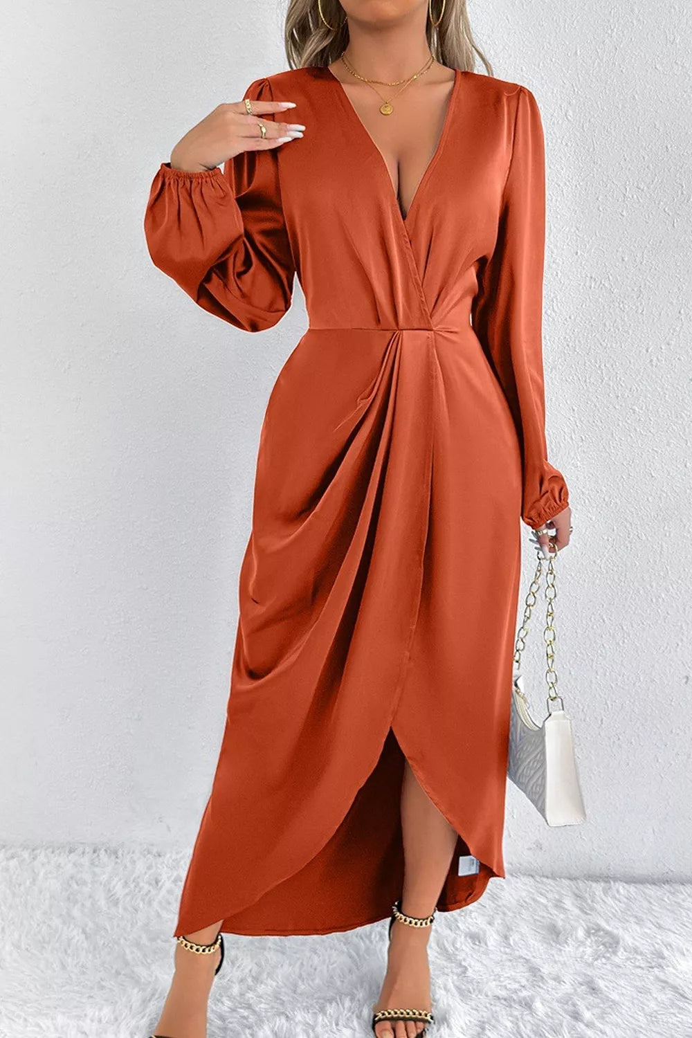 Satin Balloon Sleeve Midi Dress