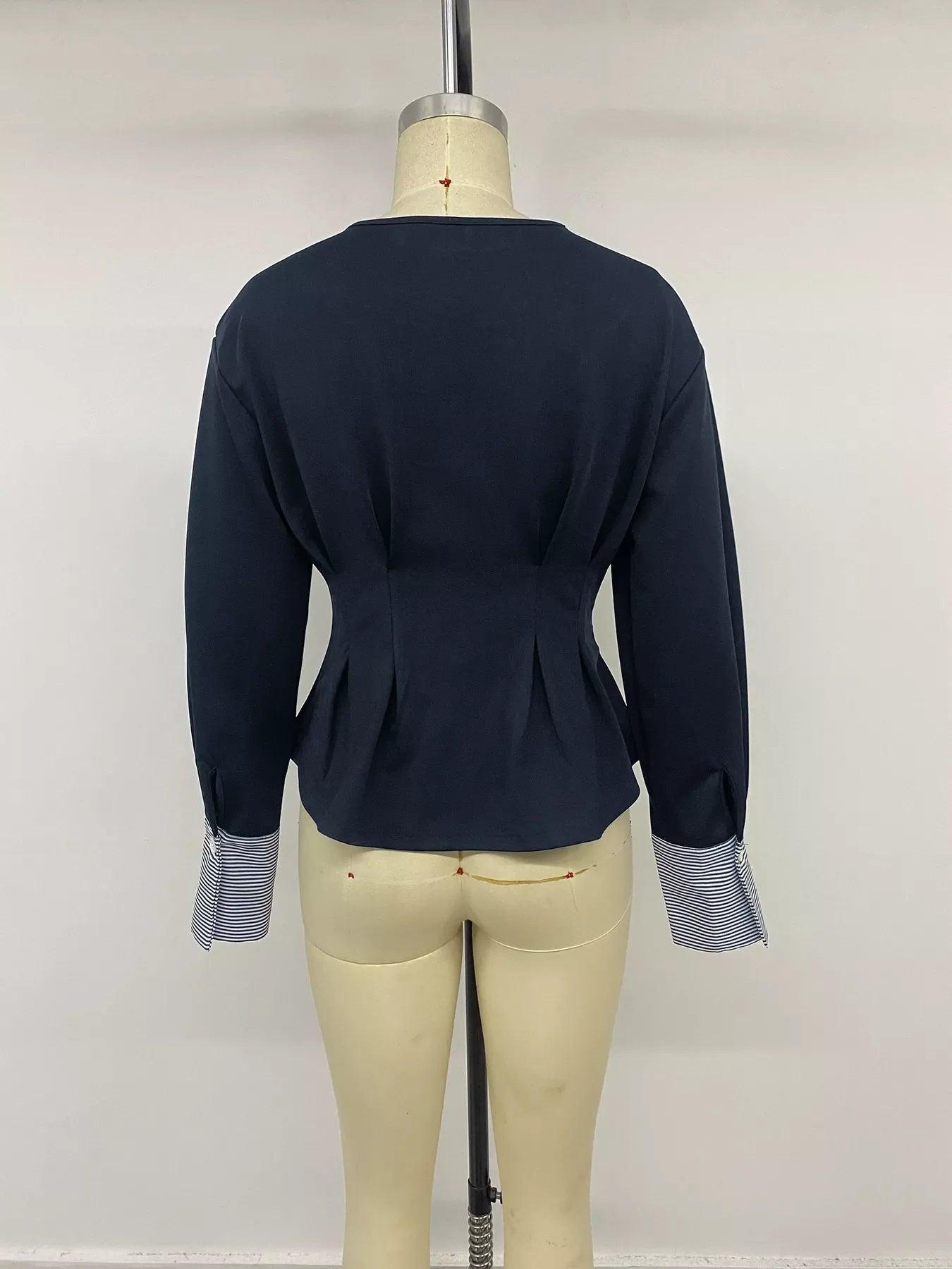 Round Neck Peplum Top with Striped Cuffs
