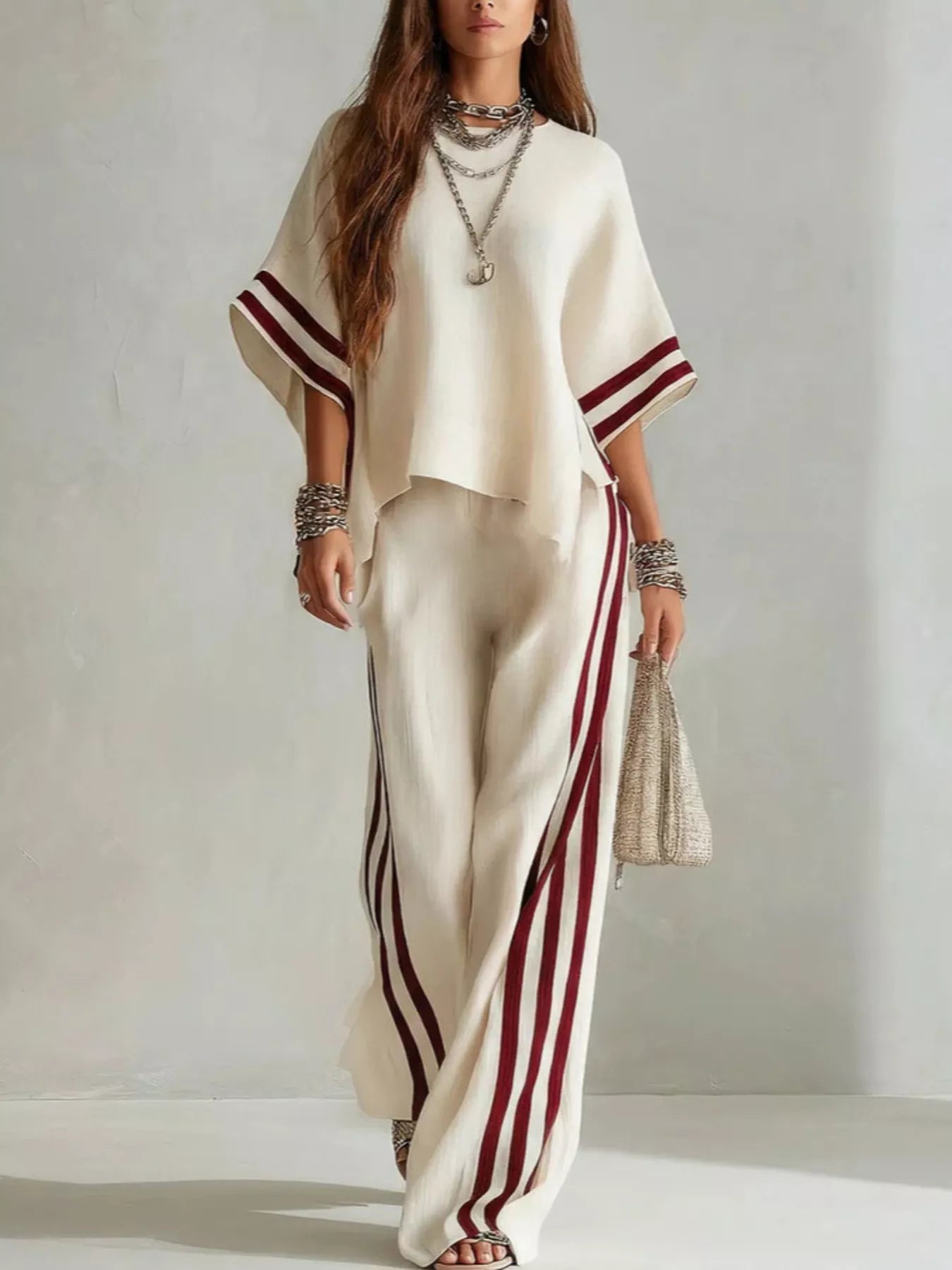 Full Size Striped 3/4 Sleeve Top and Pants Set Plus Size