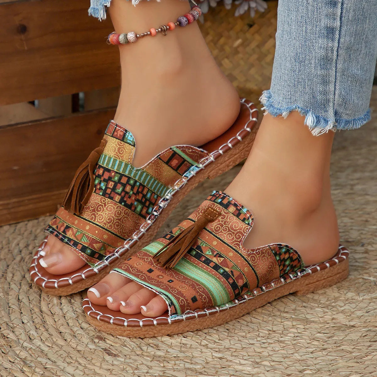 Printed Tassel Flat Sandals
