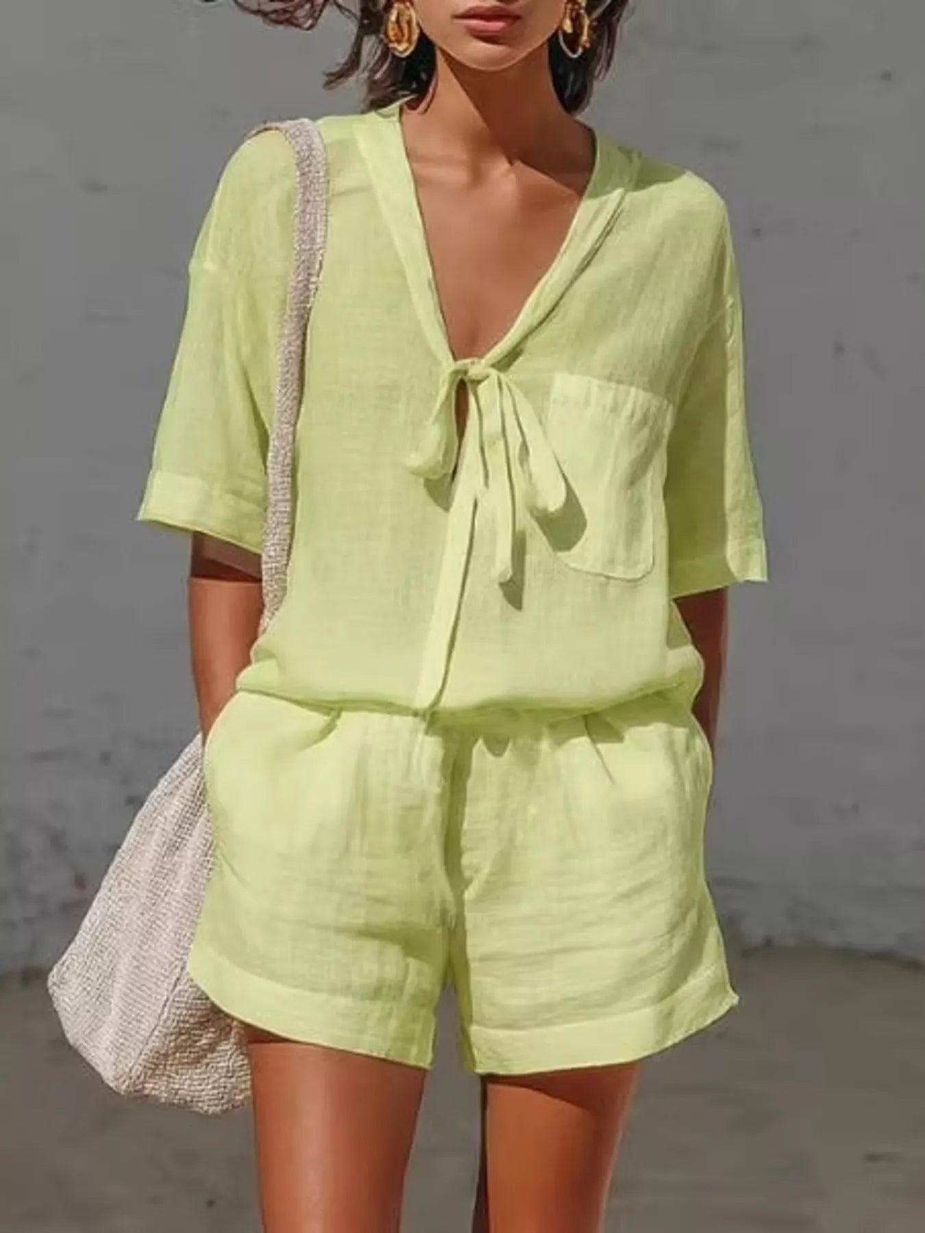 Tie-Front Half Sleeve Shirt and Shorts Set
