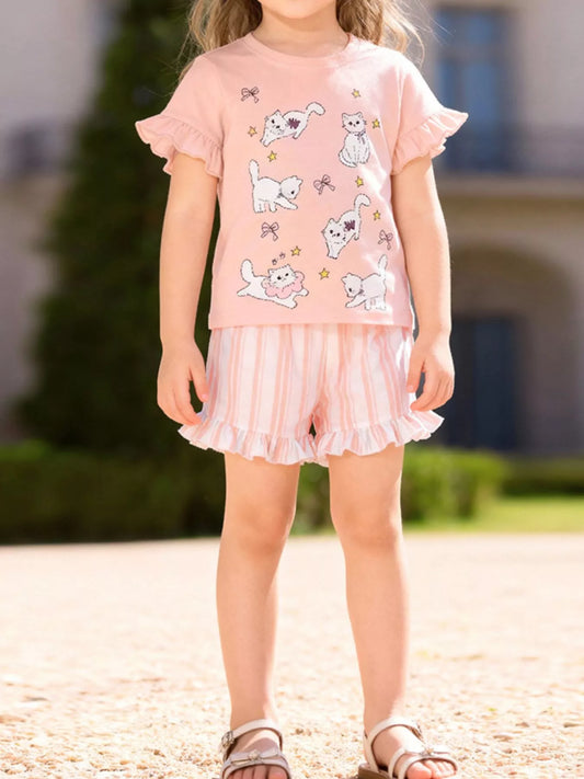Children's Cat Round Neck Tee and Shorts Set