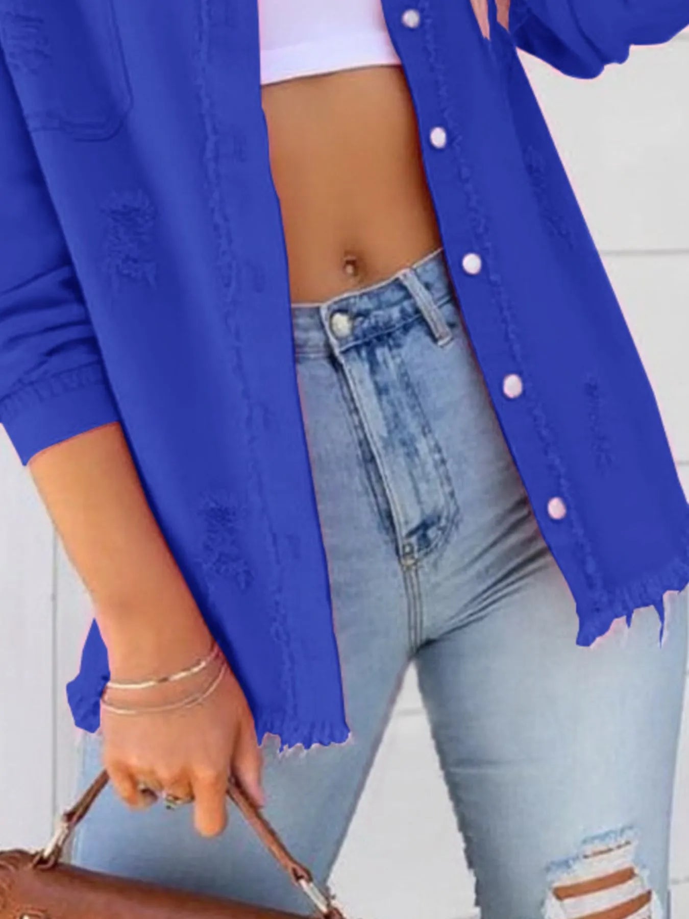 Distressed Denim Jacket with Frayed Edges