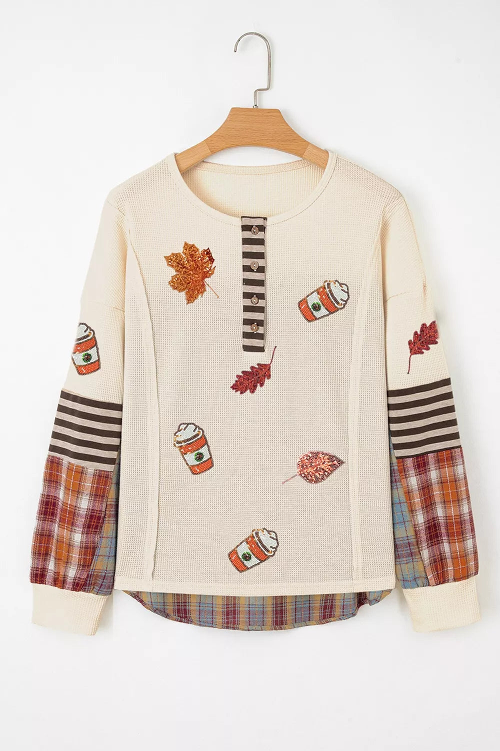 Sequin Autumn Leaf & Coffee Cup Waffle Knit Top