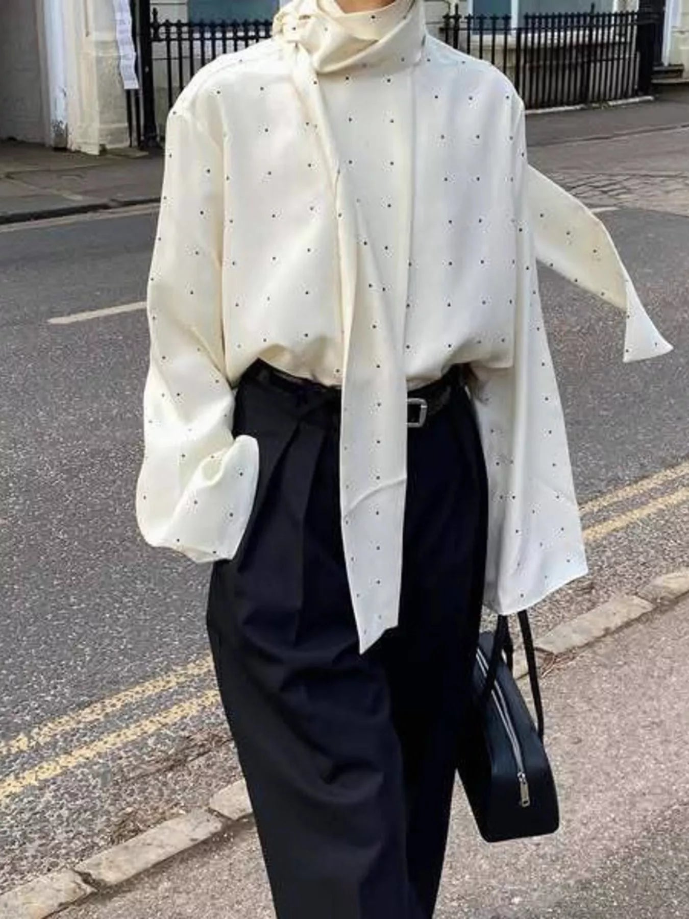 Polka Dot Silk Blouse with Scarf Neck Tie