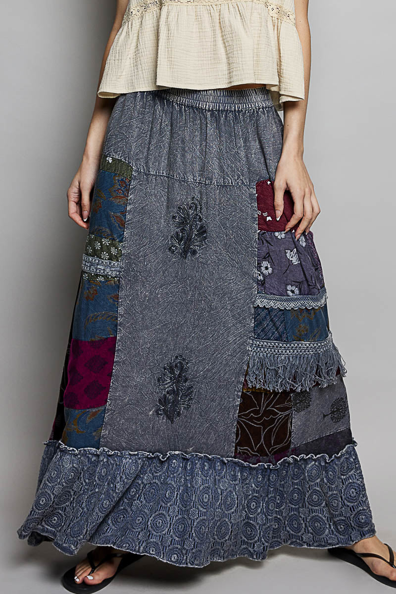 POL Printed Patchwork Embroidered Ruffled Skirt