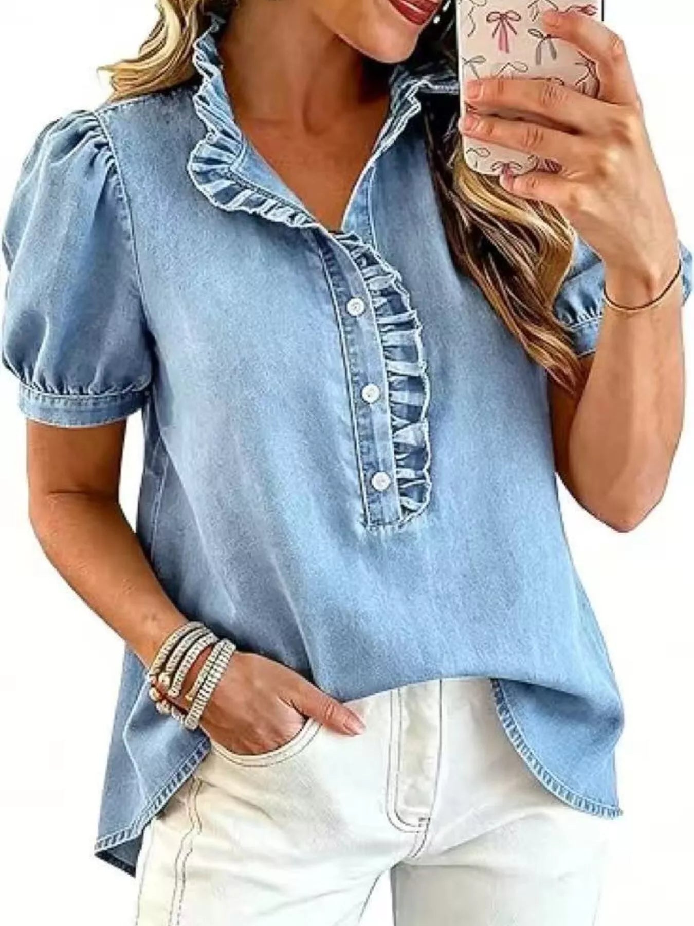Frill Puff Sleeve Denim Top