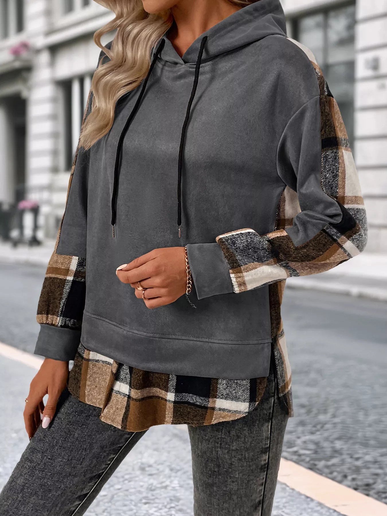 Plaid Drawstring Long Sleeve Hoodie