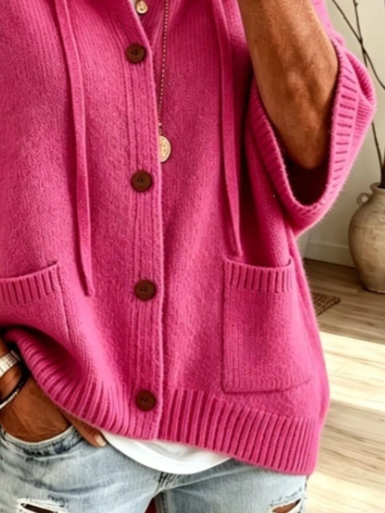 Hooded Button-Down Knit Cardigan