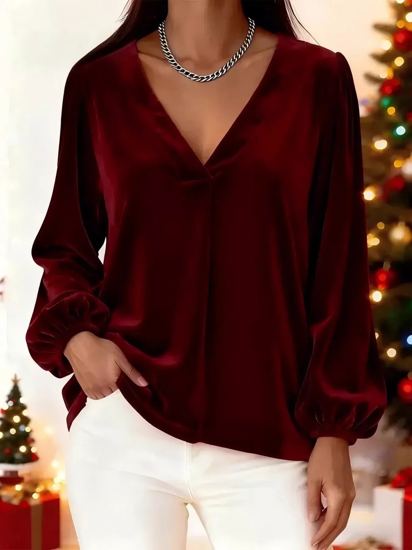 Full Size Velvet V-Neck Balloon Sleeve Blouse Plus Size