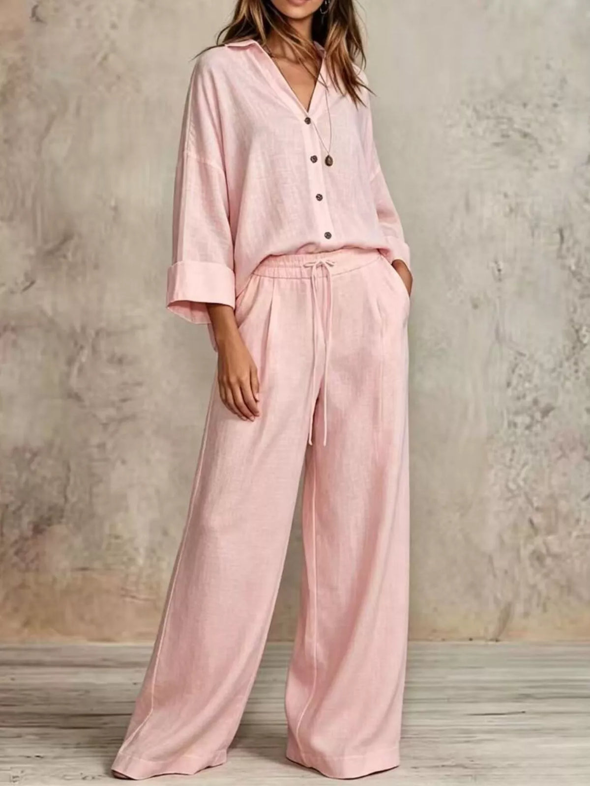 Full Size Button-Down Shirt and Wide-Leg Pants Set Plus Size