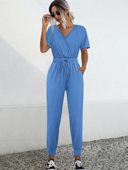 Drawstring Waist Short Sleeve Jumpsuit