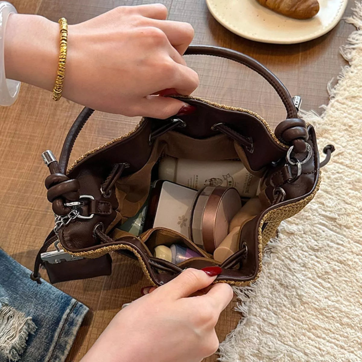 Woven Drawstring Crossbody Bag
