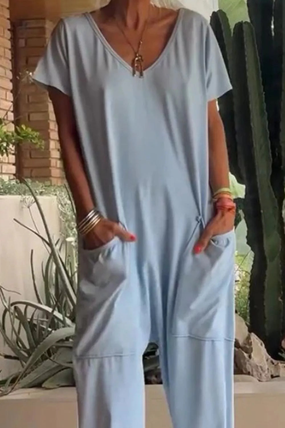 Full Size Casual V-Neck Short Sleeve Jumpsuit with Pockets Plus Size