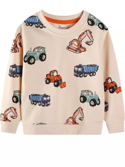 Children's Cartoon Vehicle Print Crew Neck Sweatshirt