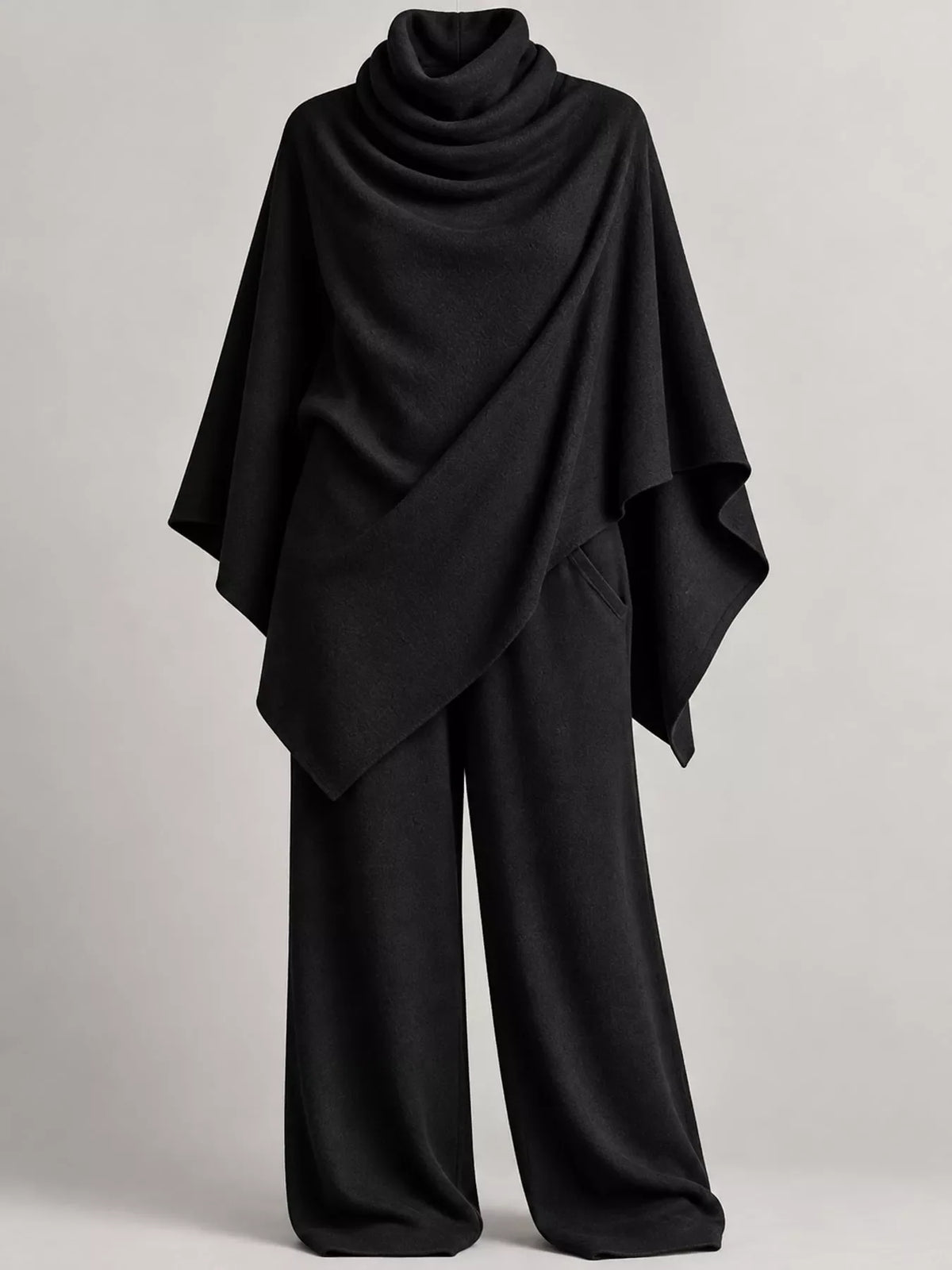 Full Size Turtleneck Poncho and Wide-Leg Pants Set Plus Size
