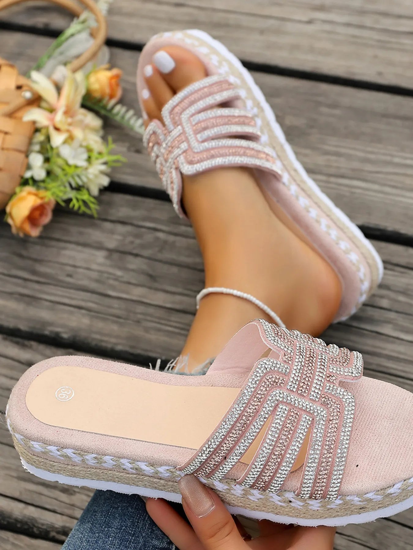 Rhinestone Embellished Platform Espadrille Sandals