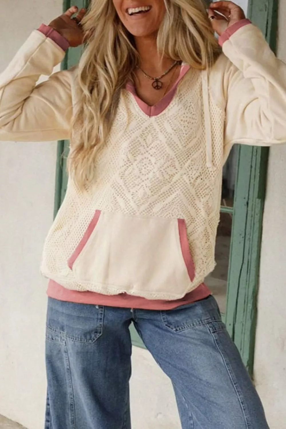 Crochet Knit Contrast Trim Hoodie