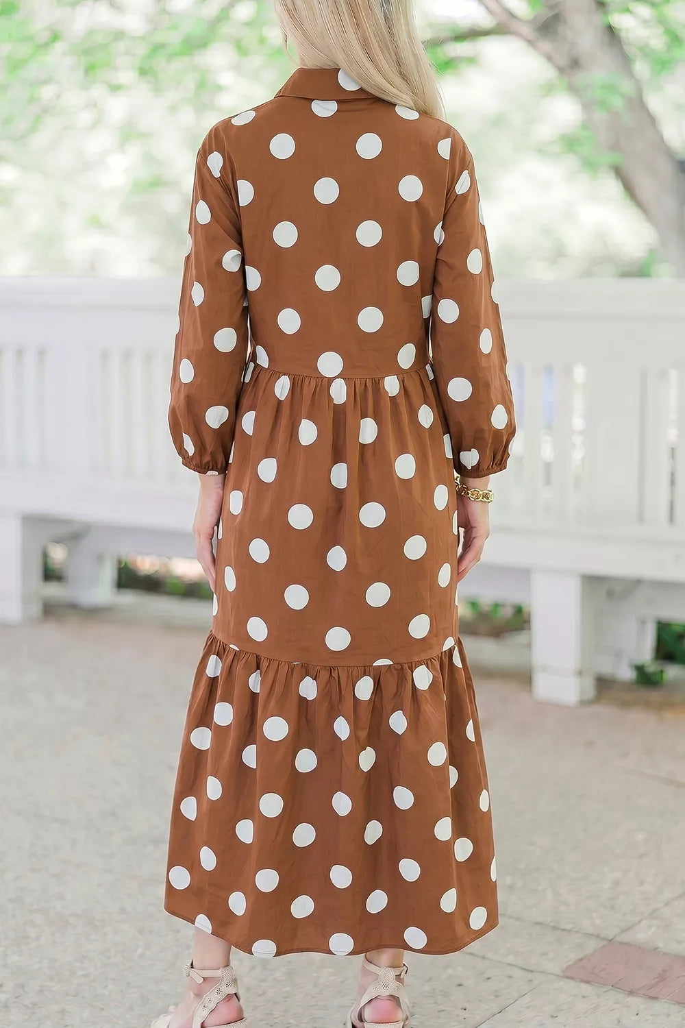 Polka Dot Button Front Long Sleeve Shift Dress