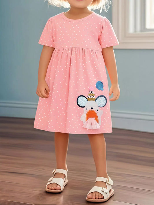 Children's Round Neck Cartoon Polka Dot Dress