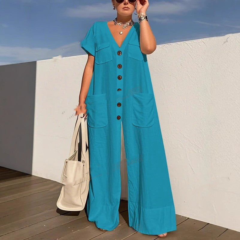 Women's Loose V-Neck Button Jumpsuit – Wide Leg Plus Size