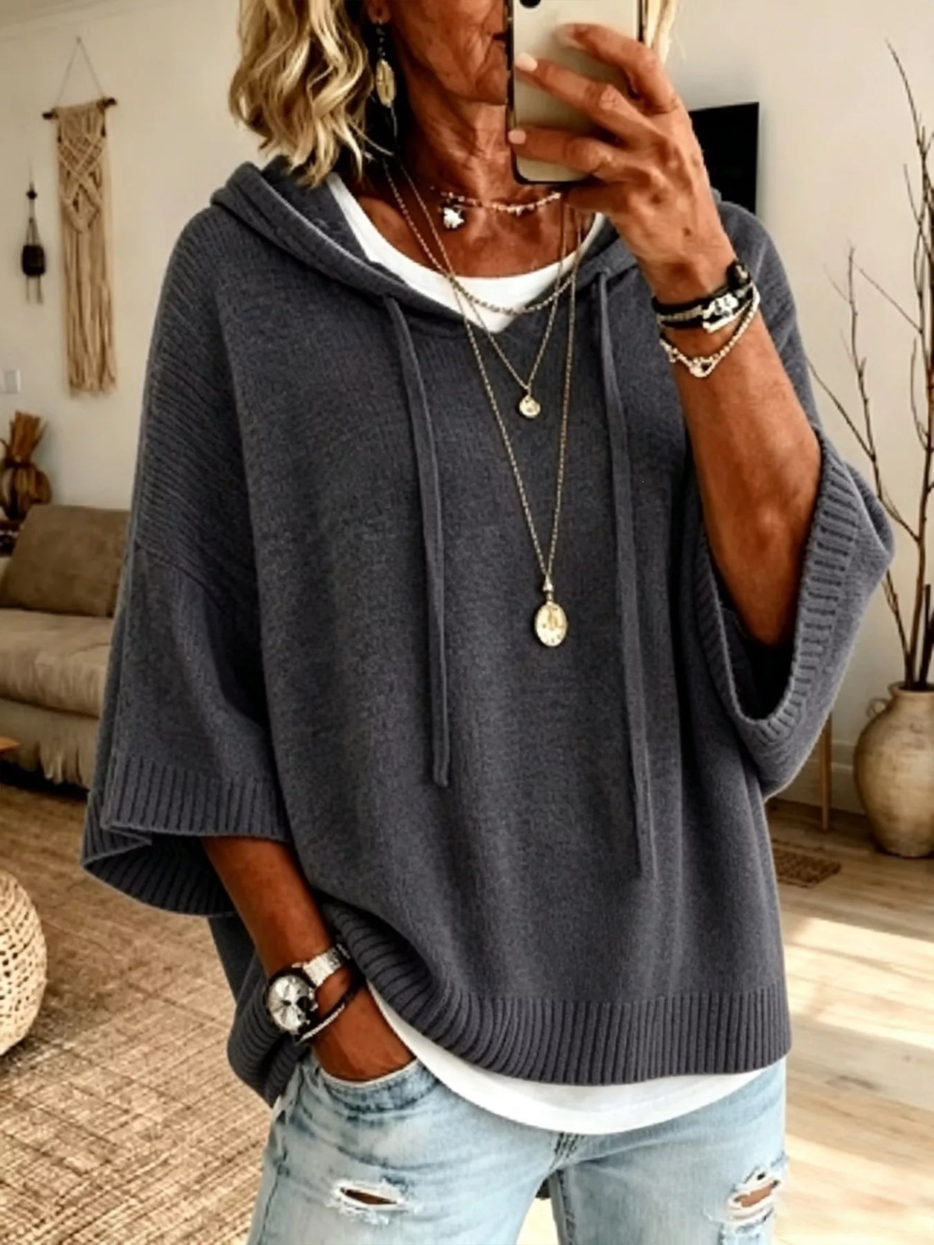 Full Size Casual Hooded Batwing Sleeve Knit Sweater Plus Size
