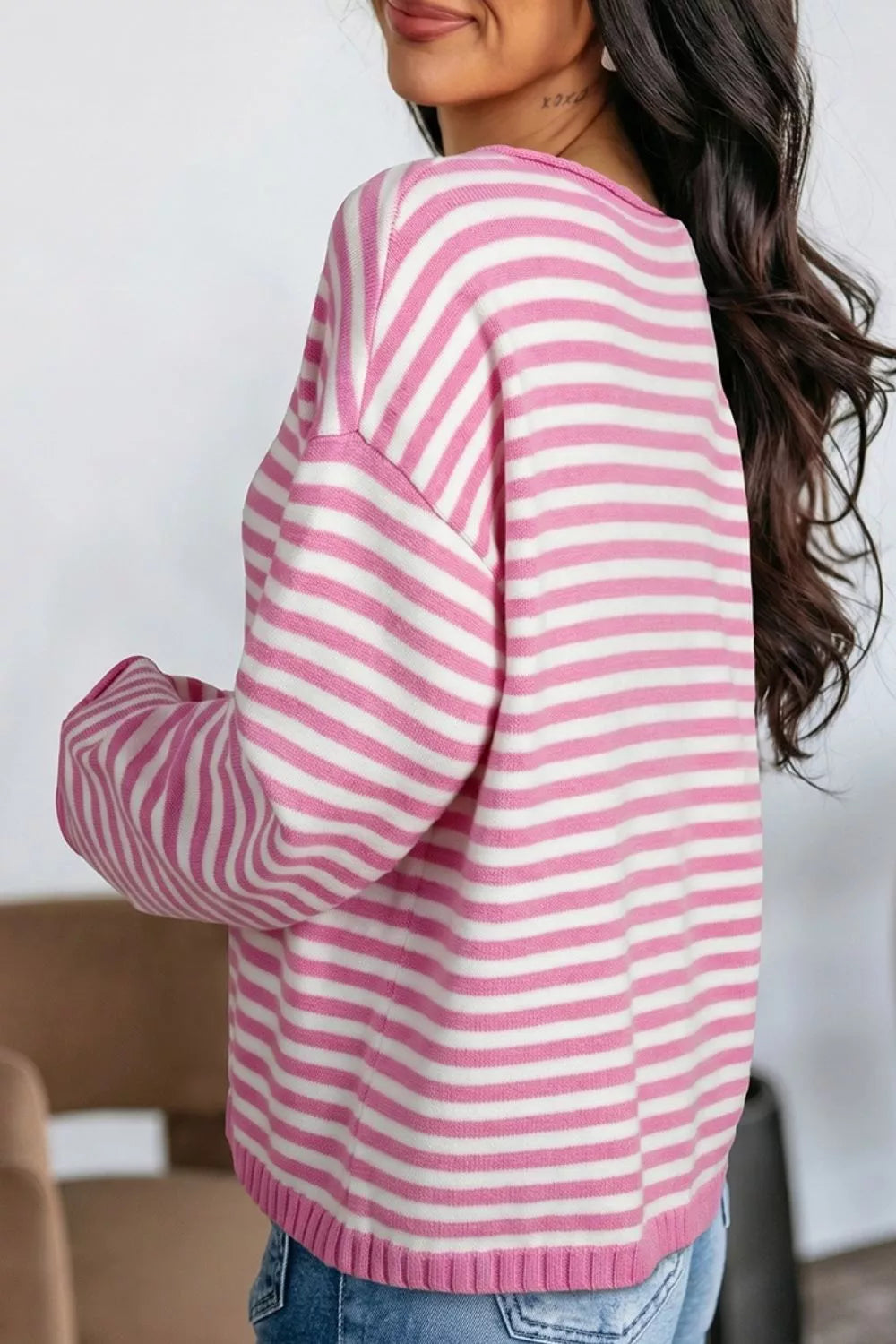 Striped Button Placket Drop Shoulder Long Sleeve Sweater