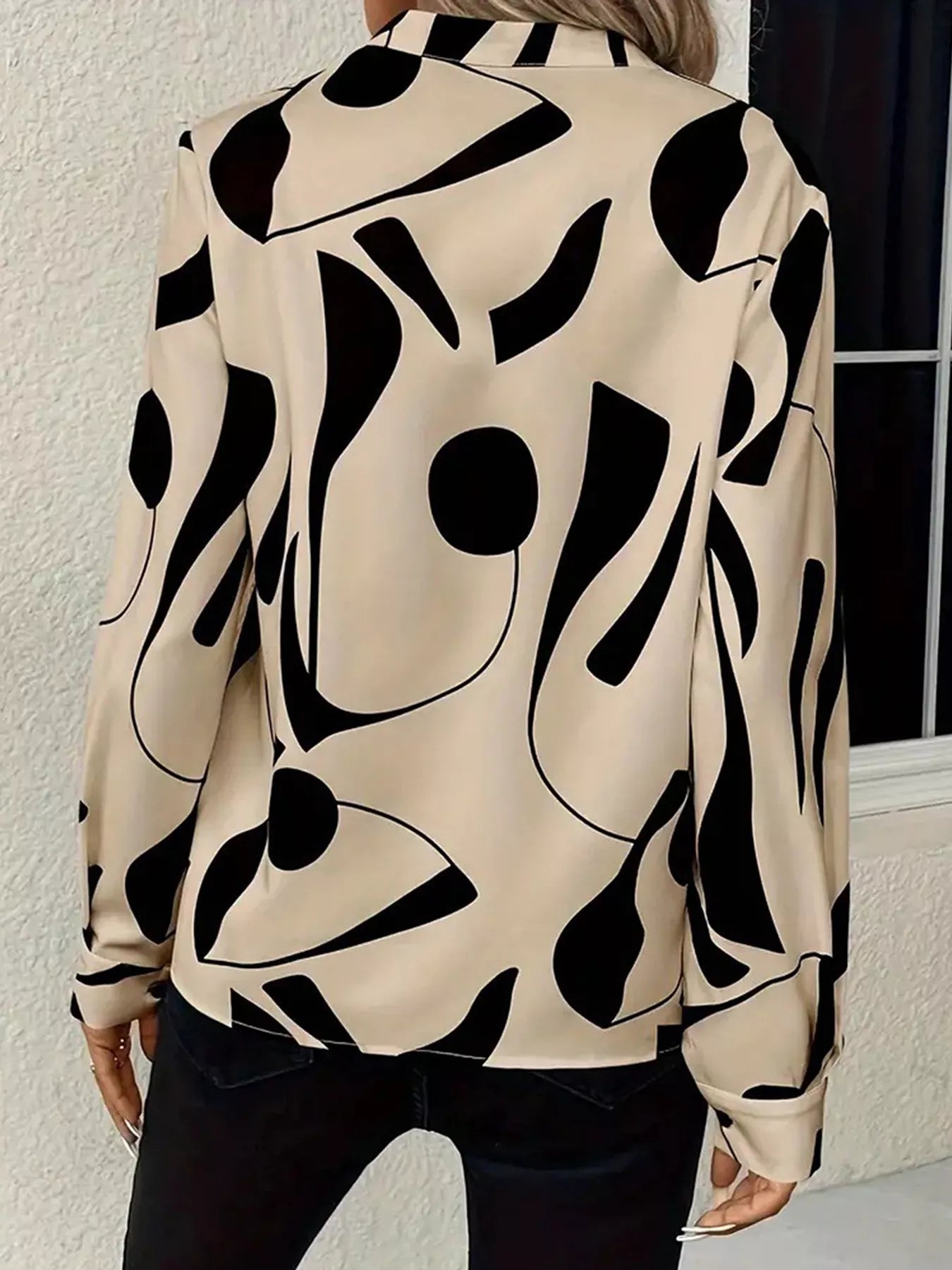 Abstract Print Notched Long Sleeve Blouse