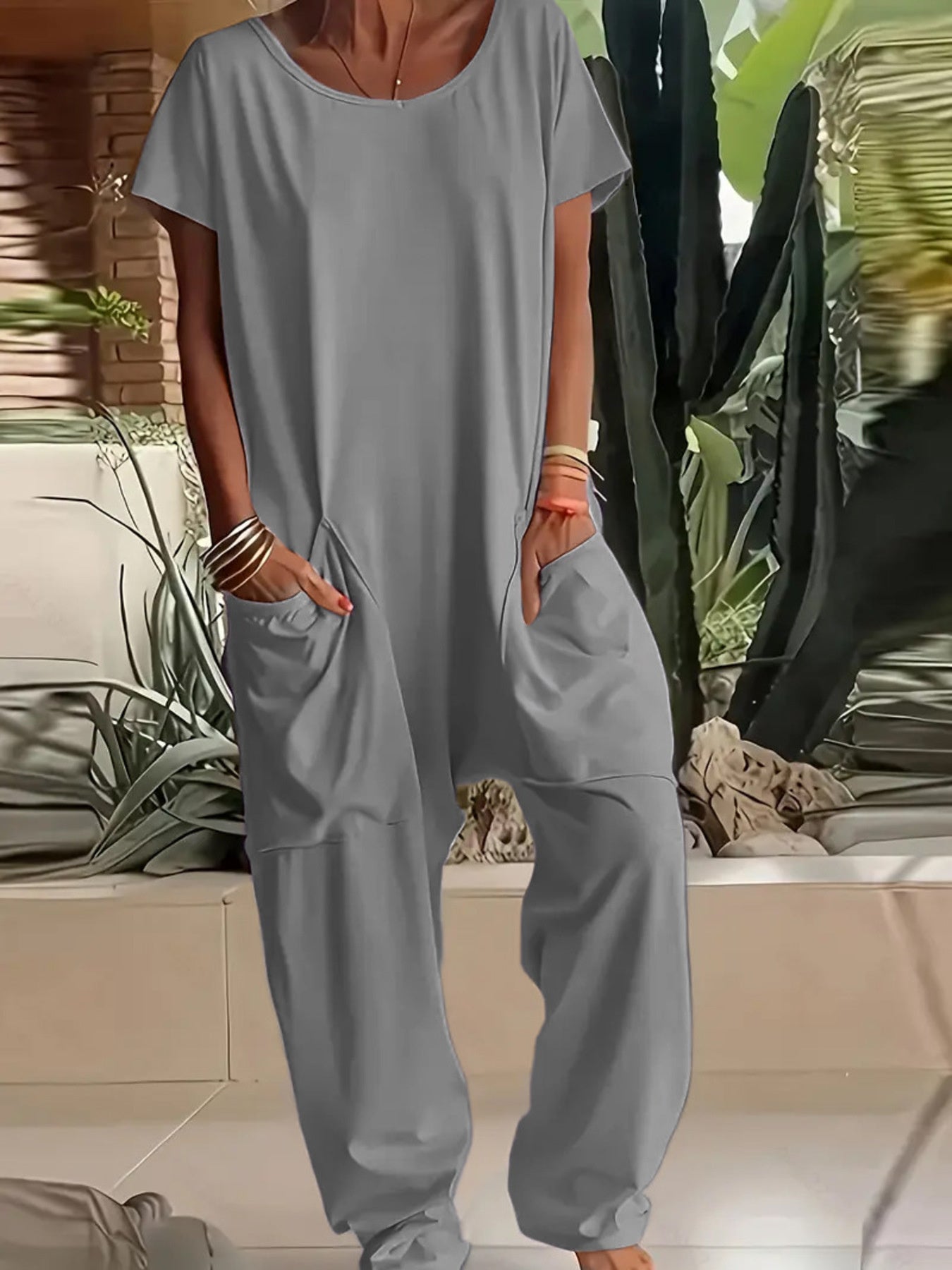 Full Size Loose Fit V-Neck Short Sleeve Wide Leg Jumpsuit Plus Size