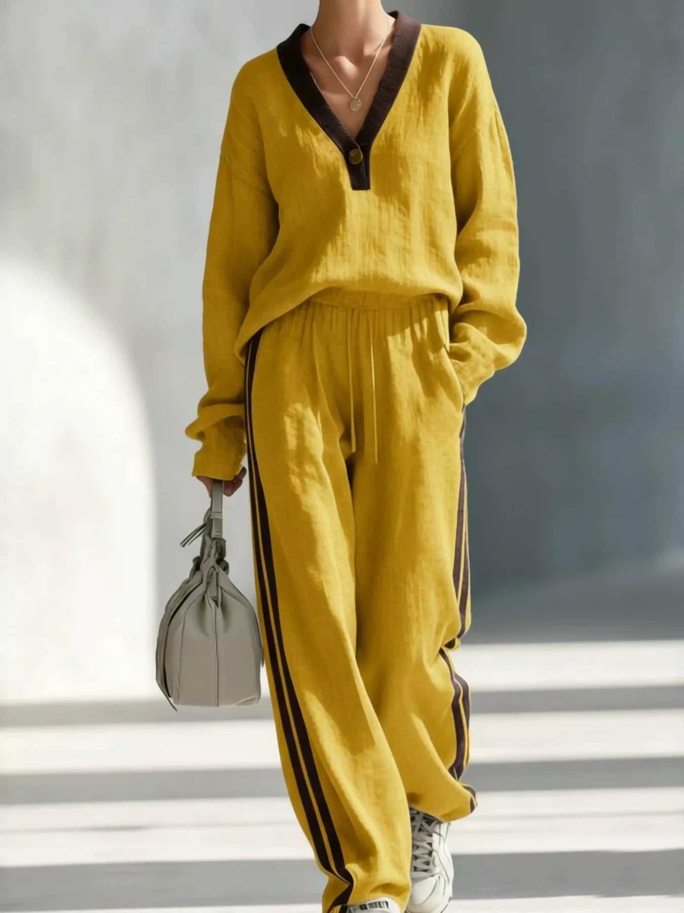 Contrast V-Neck Top and Striped Pants Set