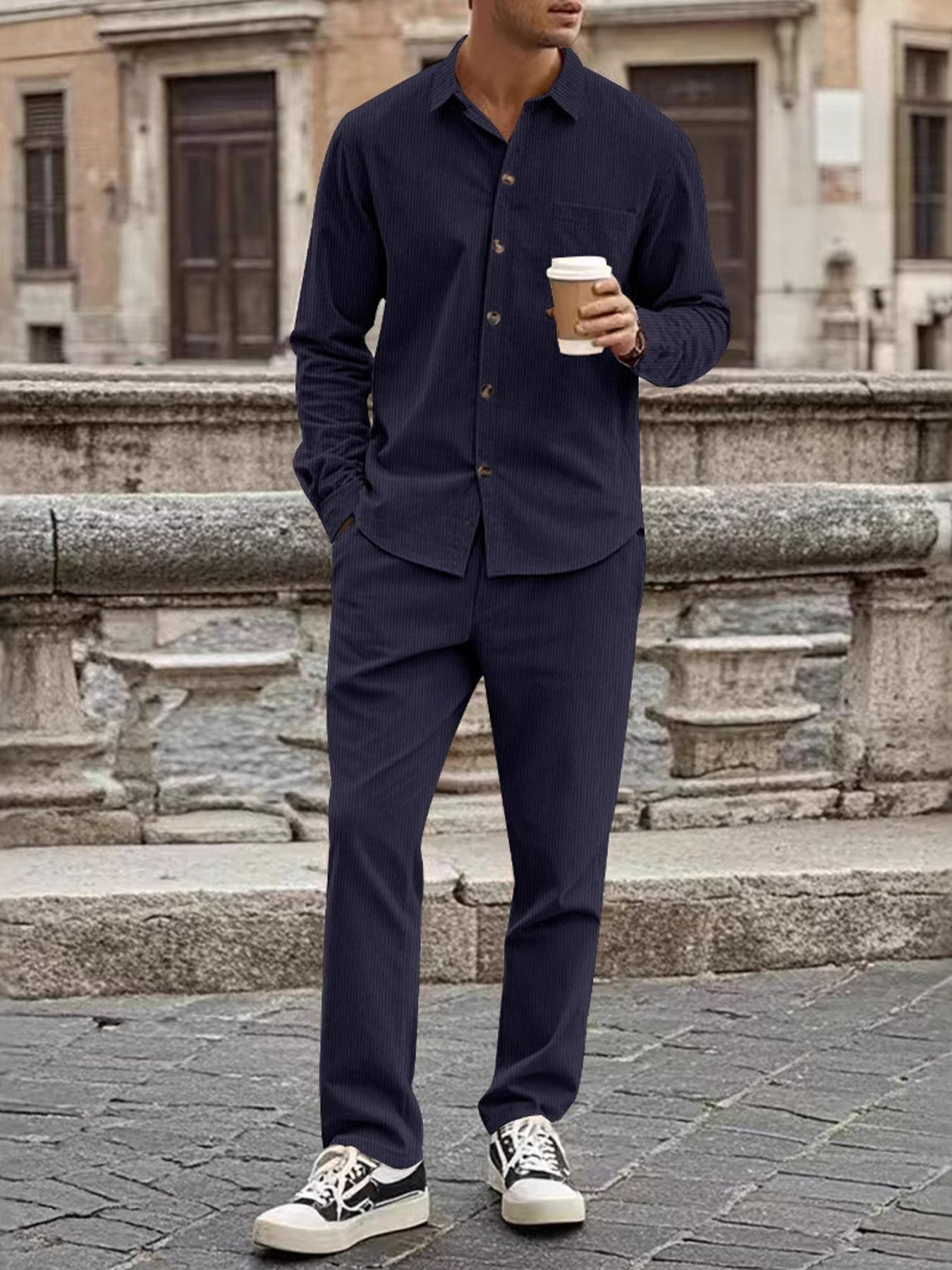 Men's Full Size Button Up Long Sleeve Shirt and Pants Set Plus Size