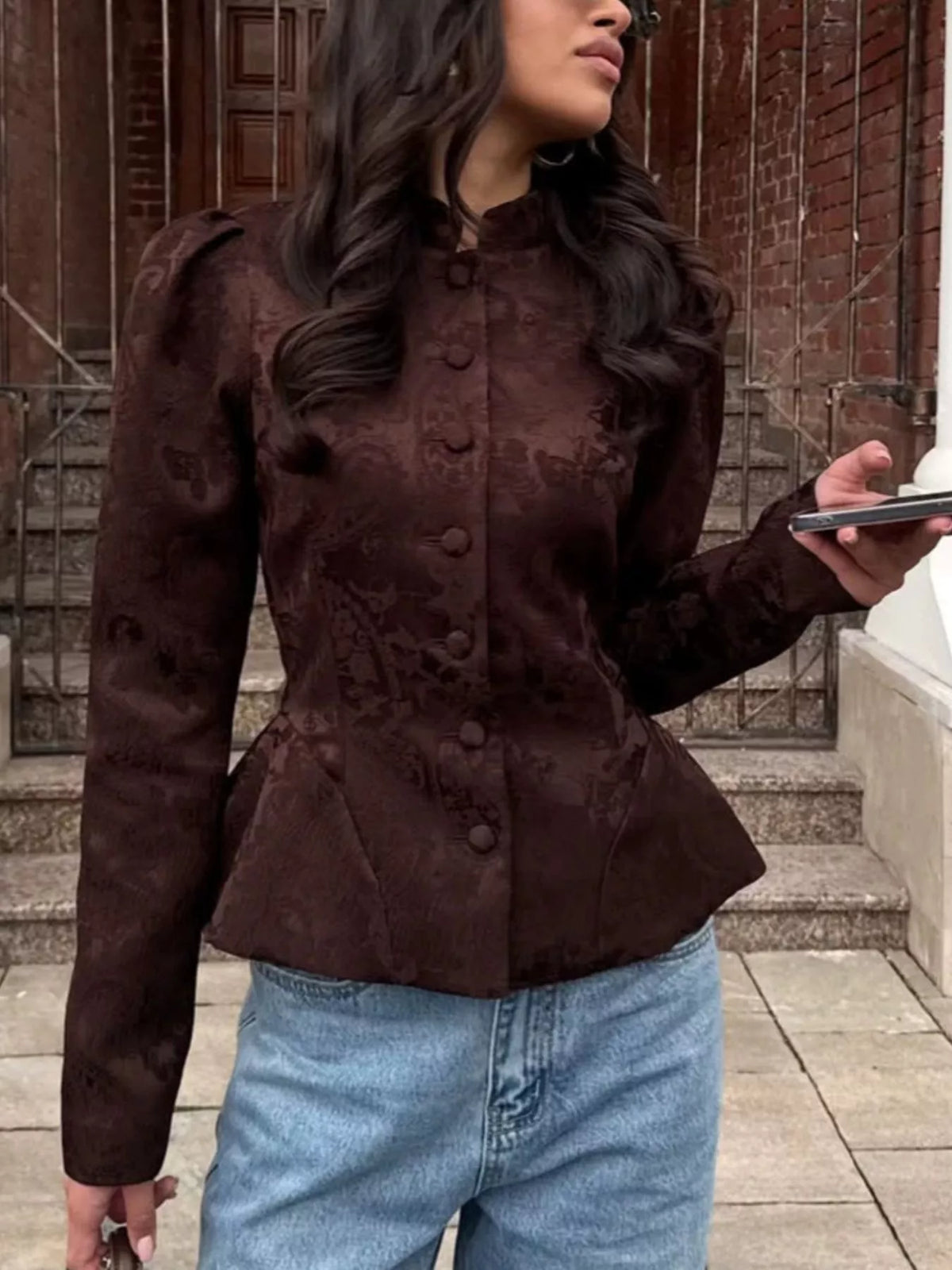 Jacquard Peplum Puff Sleeve Outerwear